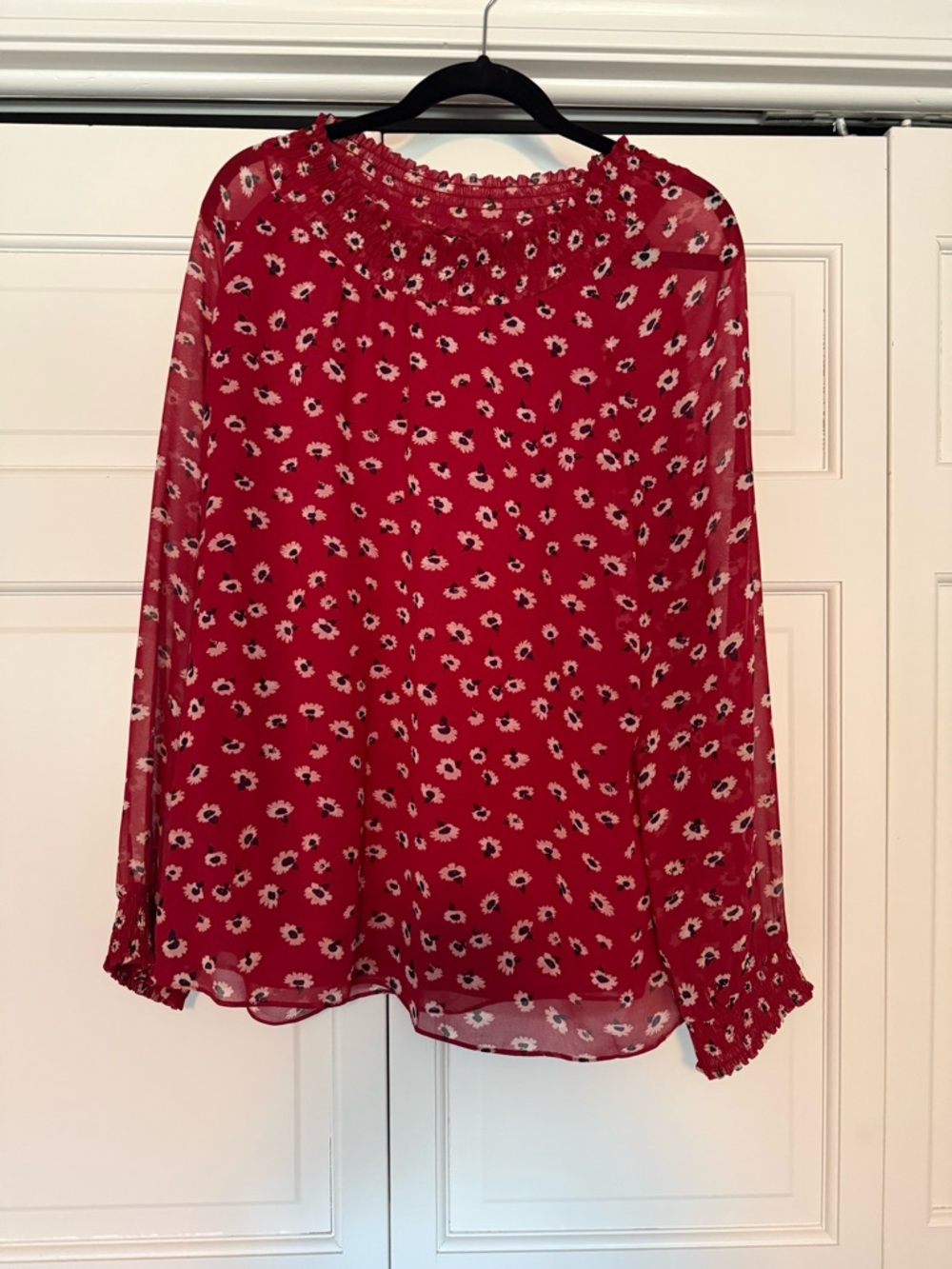 Madewell Red Floral Smocked Yoke Sheer Blouse